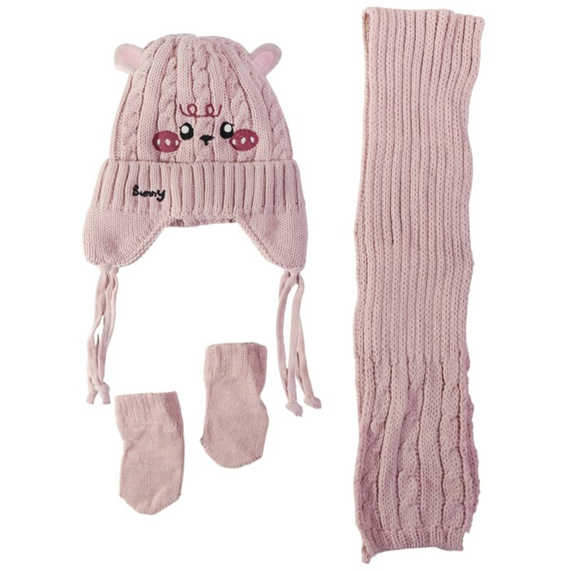 Recos πλεκτό σετ σκούφος-κασκόλ-γάντια «Salmon Bunny»