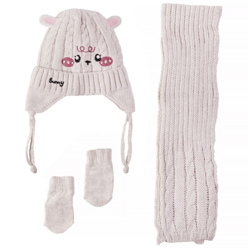 Recos πλεκτό σετ σκούφος-κασκόλ-γάντια «Beige Bunny»