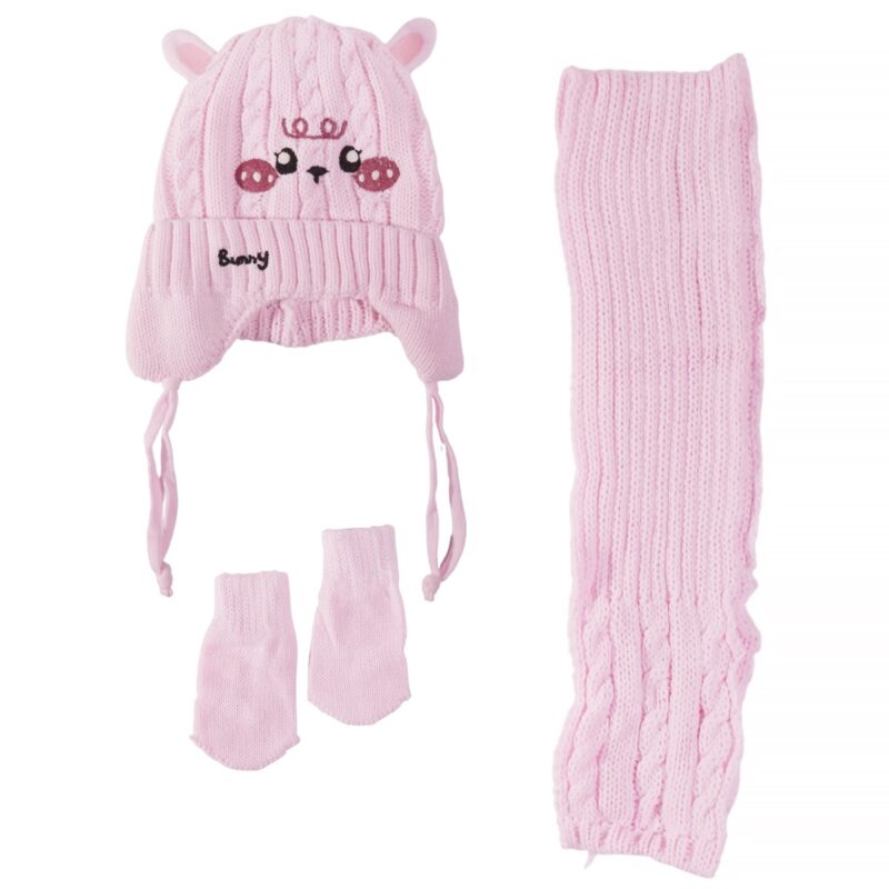 Recos πλεκτό σετ σκούφος-κασκόλ-γάντια «Pink Bunny»