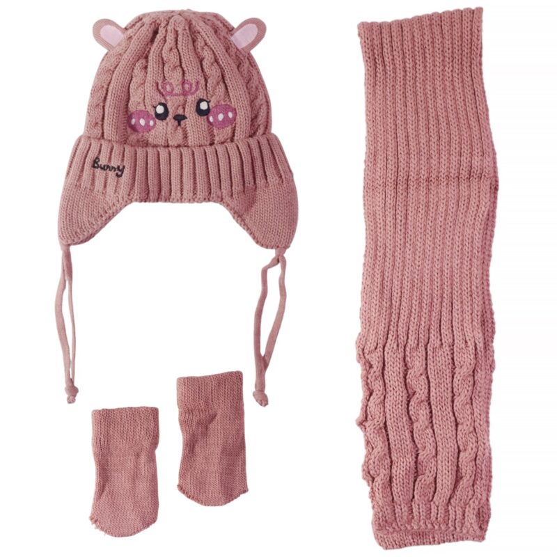 Recos πλεκτό σετ σκούφος-κασκόλ-γάντια «Brown Bunny»