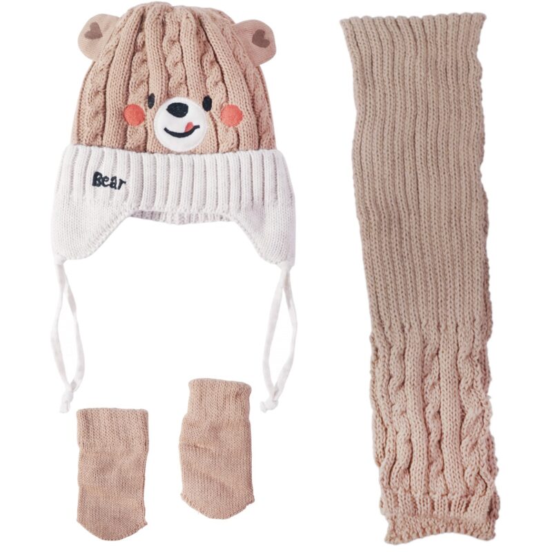 Recos πλεκτό σετ σκούφος-κασκόλ-γάντια «Brown Teddy»