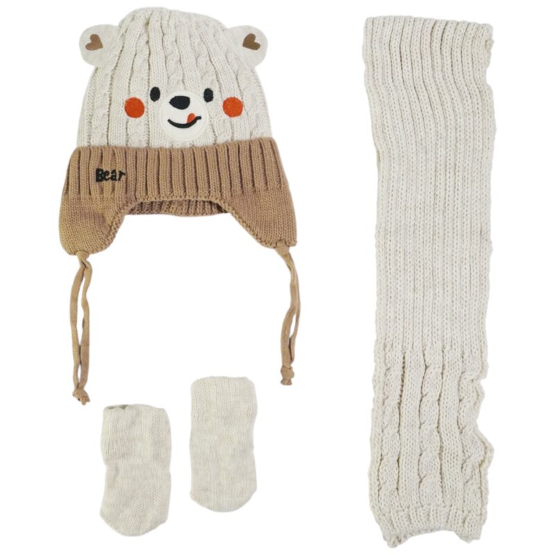 Recos πλεκτό σετ σκούφος-κασκόλ-γάντια «Beige Teddy»