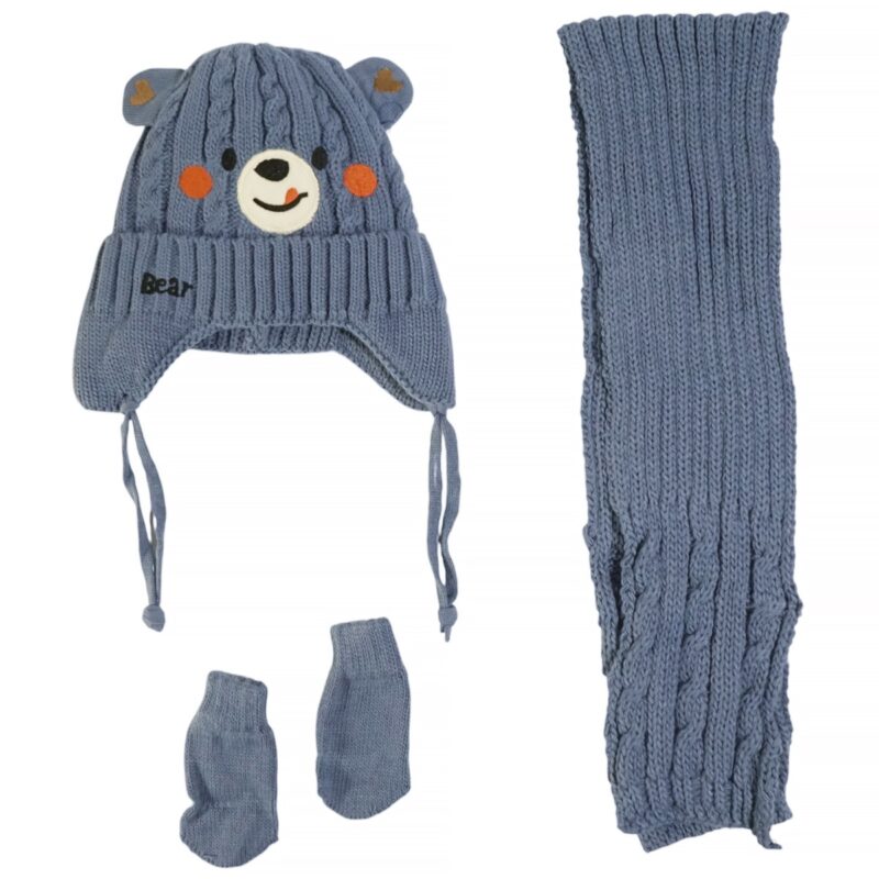 Recos πλεκτό σετ σκούφος-κασκόλ-γάντια «Blue Teddy»