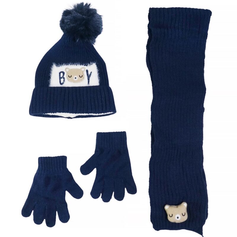 Recos πλεκτό σετ σκούφος-κασκόλ-γάντια «Dark Blue Boy»
