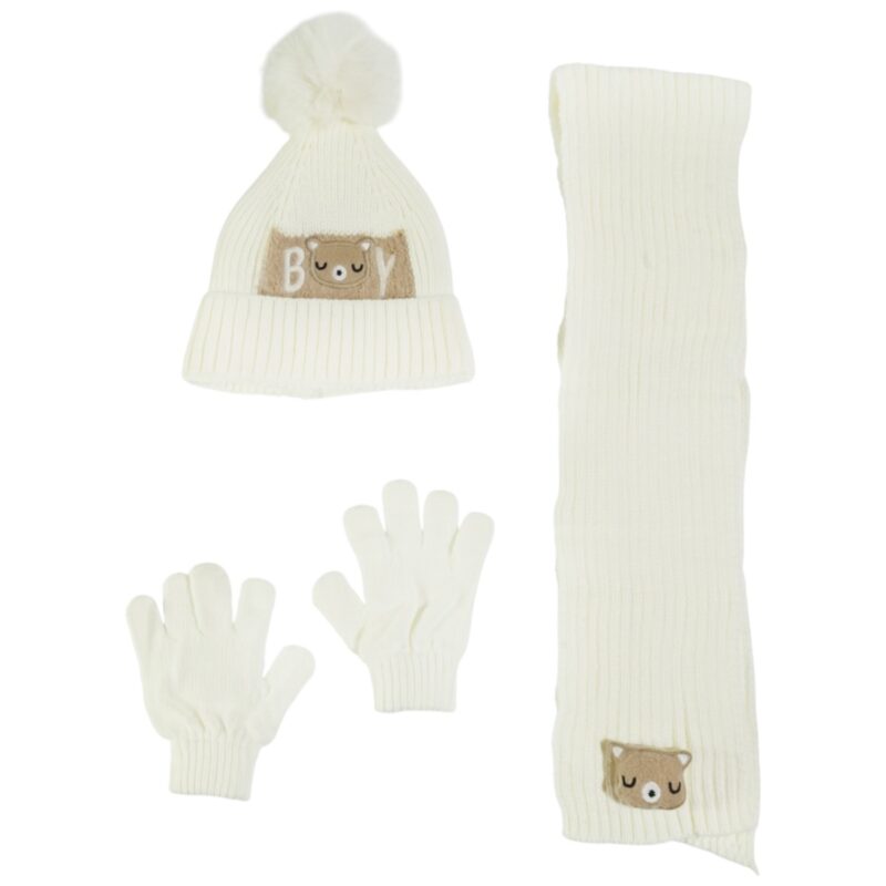 Recos πλεκτό σετ σκούφος-κασκόλ-γάντια «Ecru Boy»