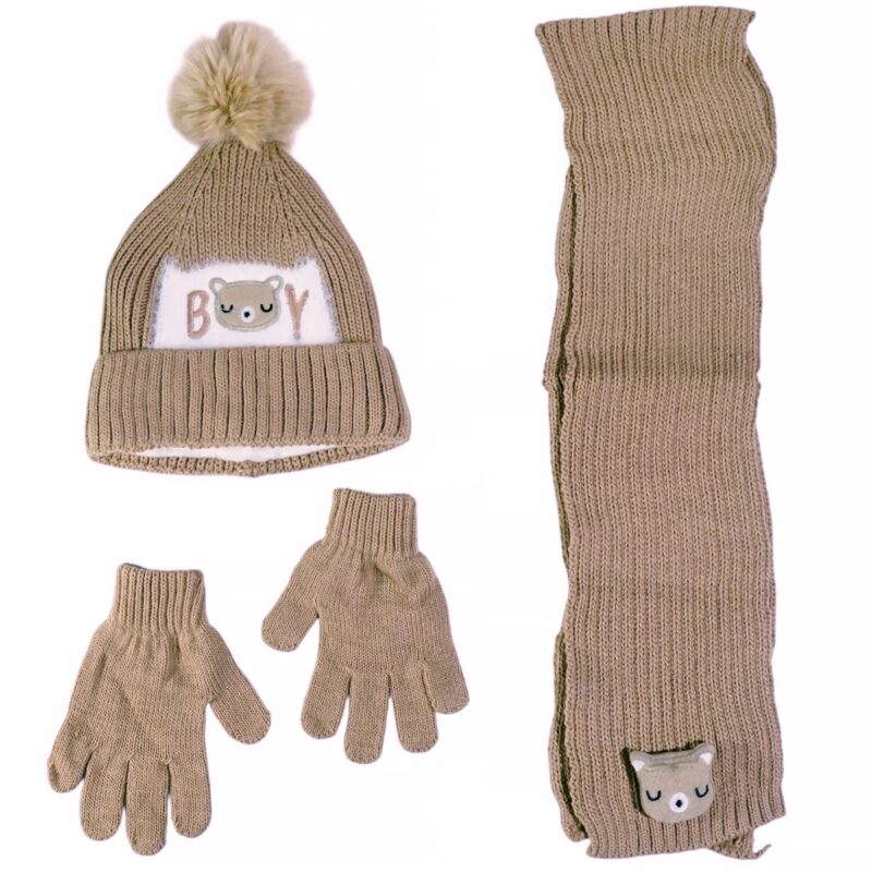 Recos πλεκτό σετ σκούφος-κασκόλ-γάντια «Brown Boy»
