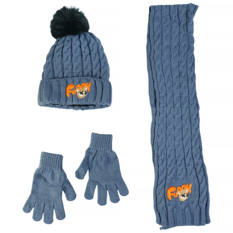 Recos πλεκτό σετ σκούφος-κασκόλ-γάντια «Blue Funny Bunny»