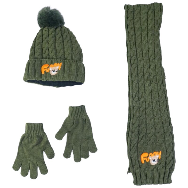 Recos πλεκτό σετ σκούφος-κασκόλ-γάντια «Green Funny Bunny»