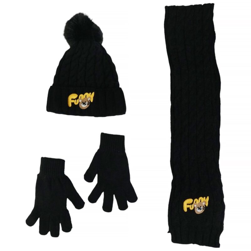 Recos πλεκτό σετ σκούφος-κασκόλ-γάντια «Black Funny Bunny»