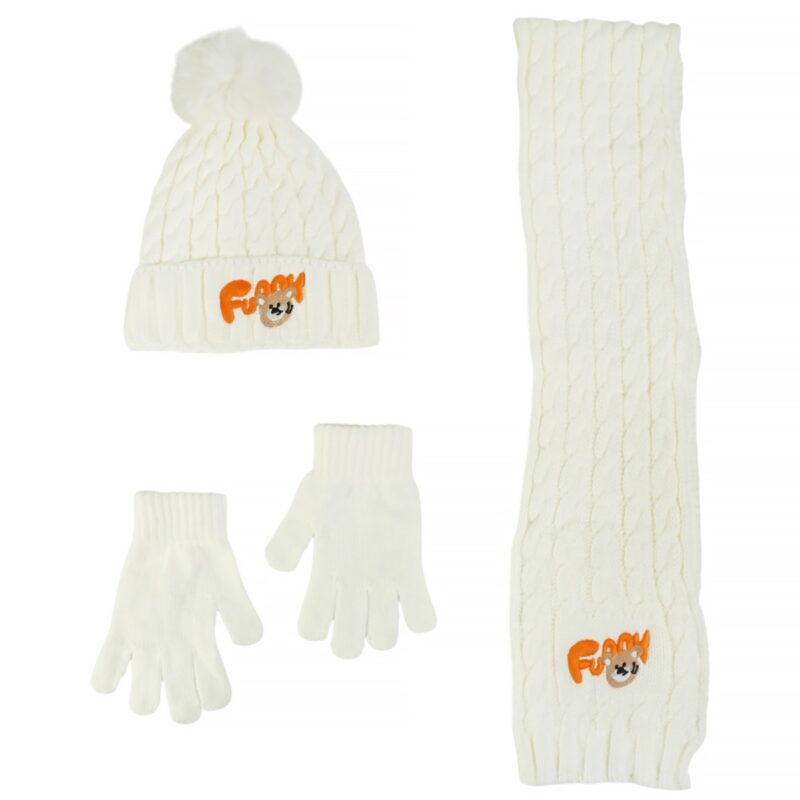 Recos πλεκτό σετ σκούφος-κασκόλ-γάντια «Ecru Funny Bunny»