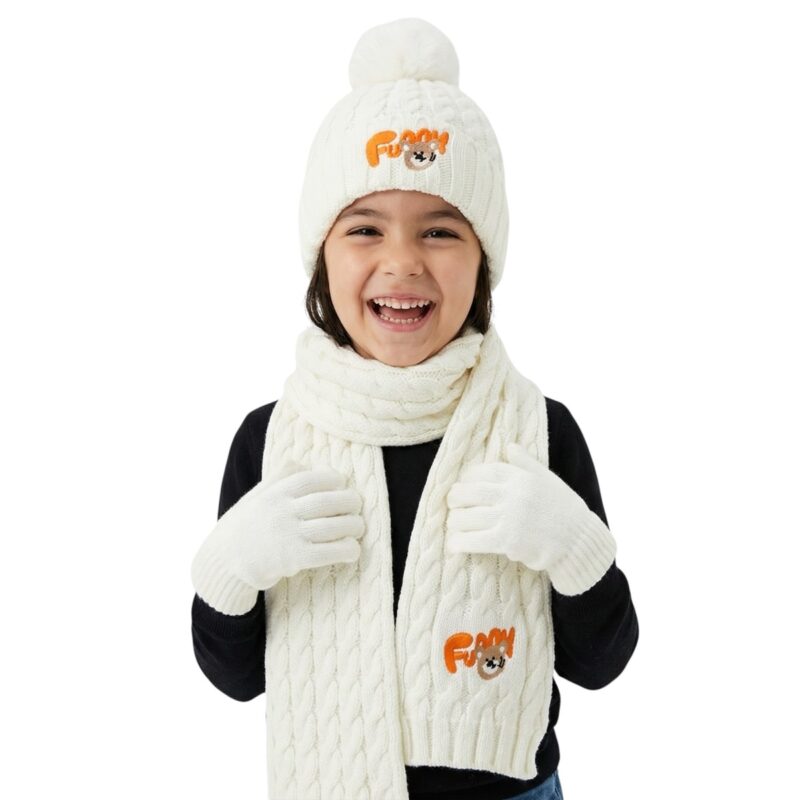 Recos πλεκτό σετ σκούφος-κασκόλ-γάντια «Ecru Funny Bunny»