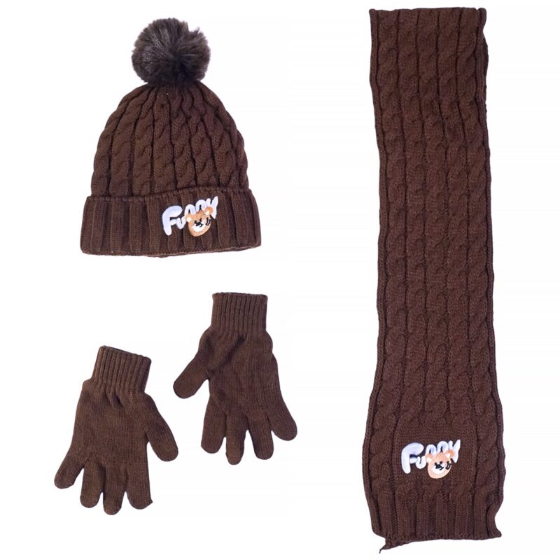 Recos πλεκτό σετ σκούφος-κασκόλ-γάντια «Brown Funny Bunny»