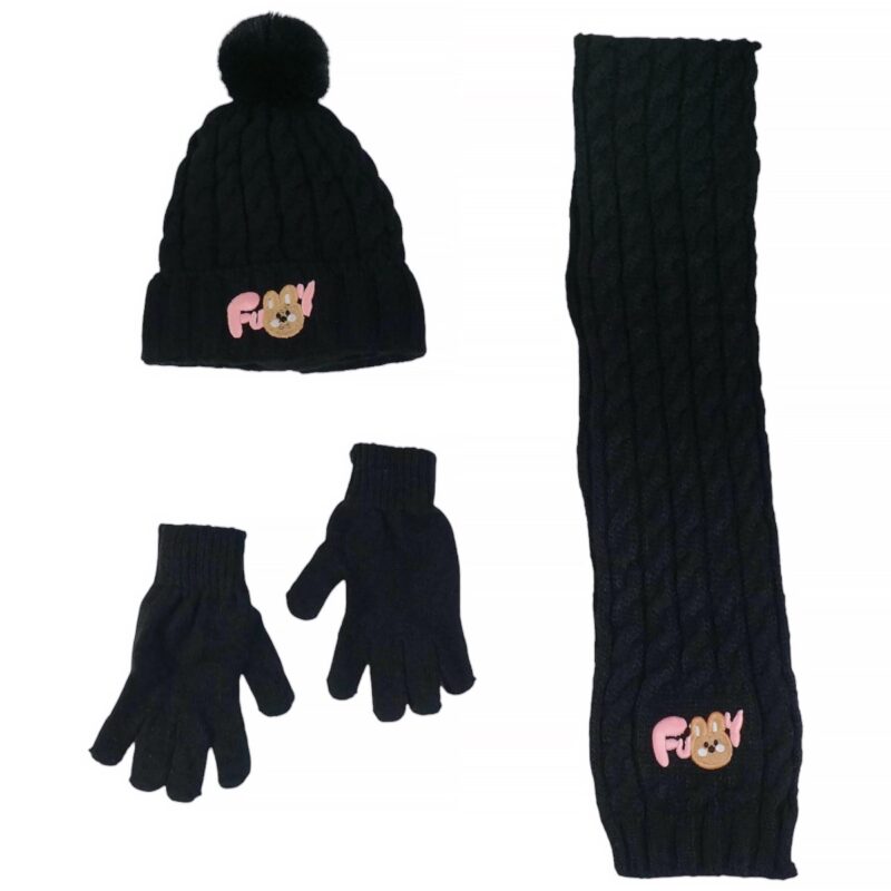 Recos πλεκτό σετ σκούφος-κασκόλ-γάντια «Black and Pink Funny Bunny»