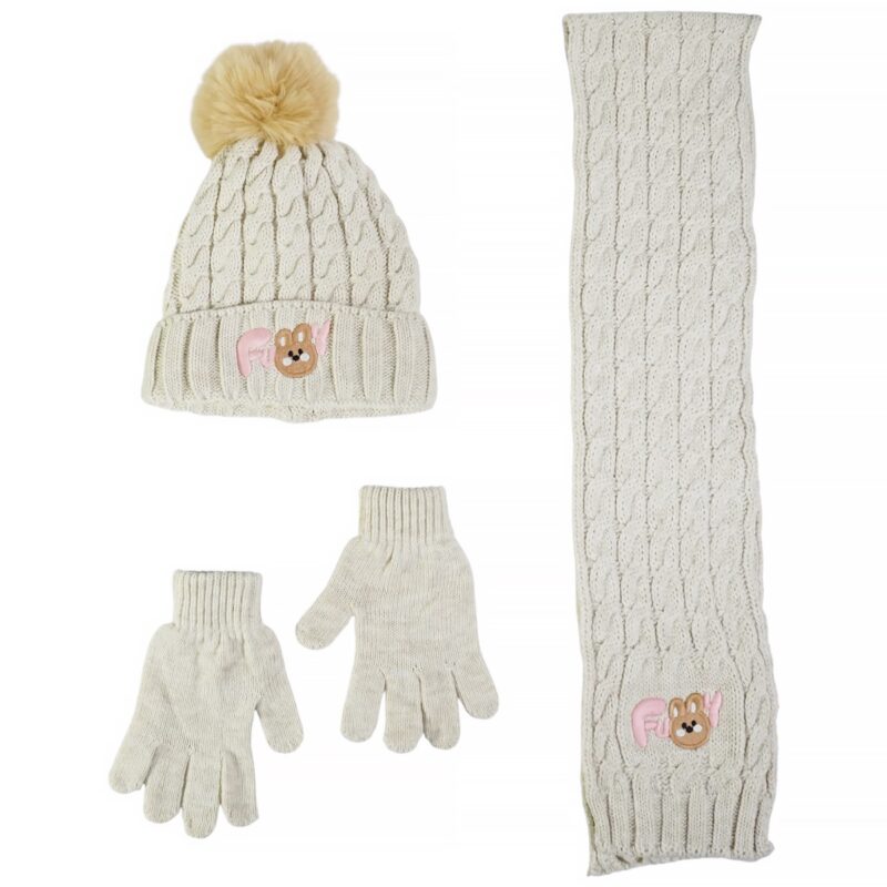 Recos πλεκτό σετ σκούφος-κασκόλ-γάντια «Beige Funny Bunny»