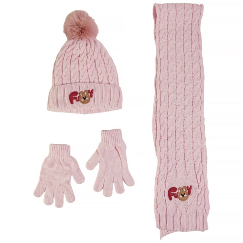Recos πλεκτό σετ σκούφος-κασκόλ-γάντια «Pink Funny Bunny»