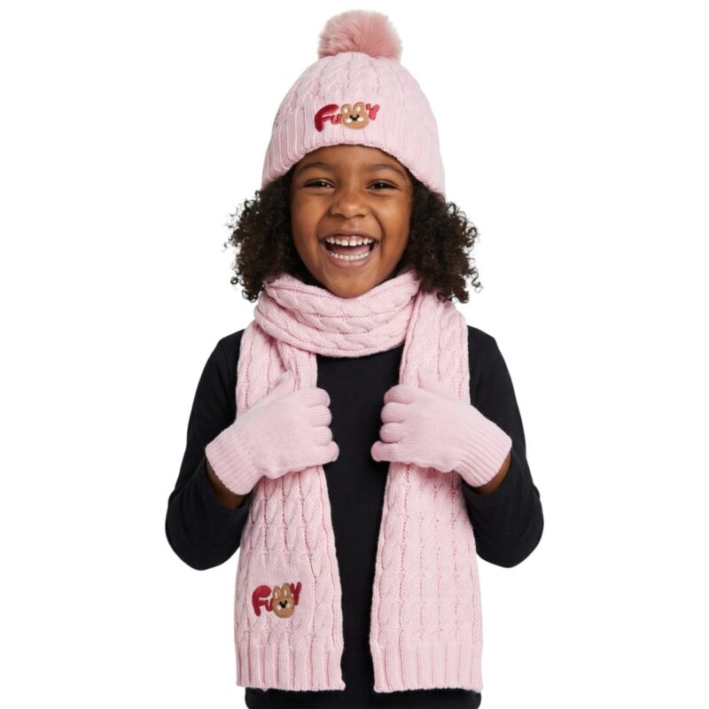 Recos πλεκτό σετ σκούφος-κασκόλ-γάντια «Pink Funny Bunny»