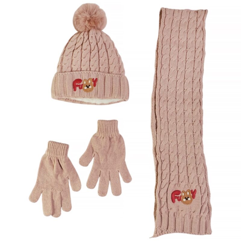 Recos πλεκτό σετ σκούφος-κασκόλ-γάντια «Salmon Funny Bunny»