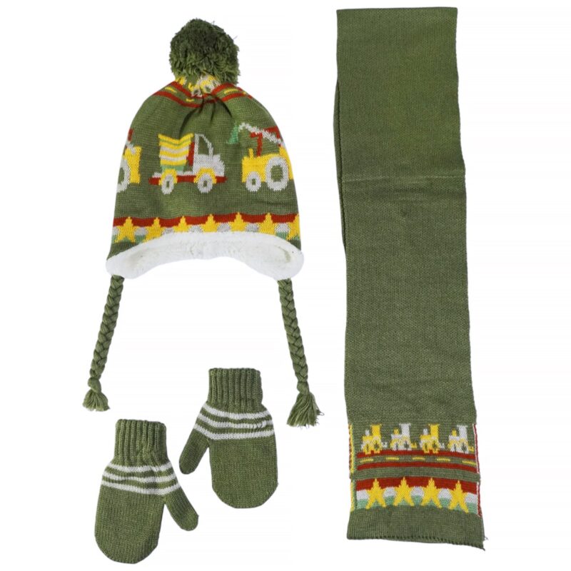 Tidi Kids πλεκτό σετ σκούφος-κασκόλ-γάντια «Green Cars»