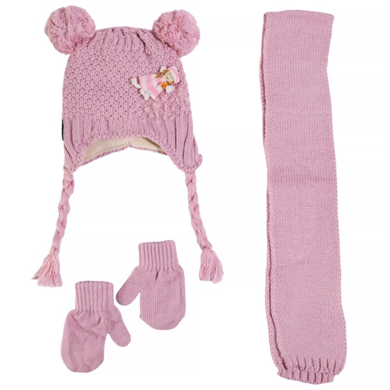 Juju πλεκτό σετ σκούφος-κασκόλ-γάντια «Pink Girl»