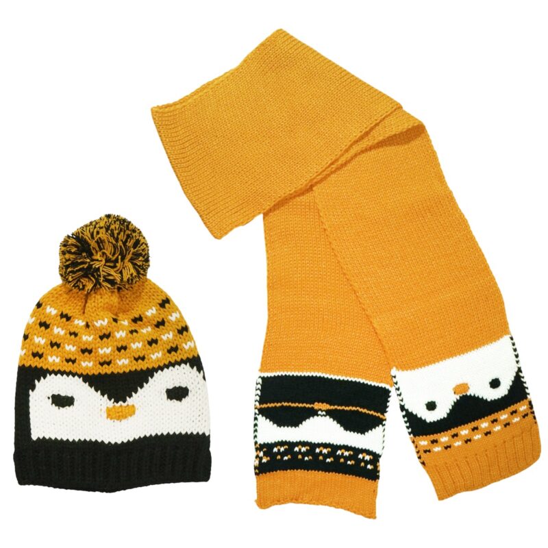 Kitti πλεκτό σετ σκούφος και κασκόλ «Mustard Penguin»