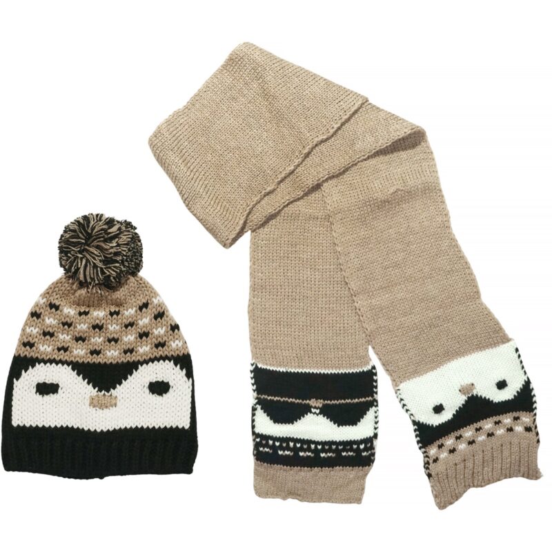 Kitti πλεκτό σετ σκούφος και κασκόλ «Beige Penguin»