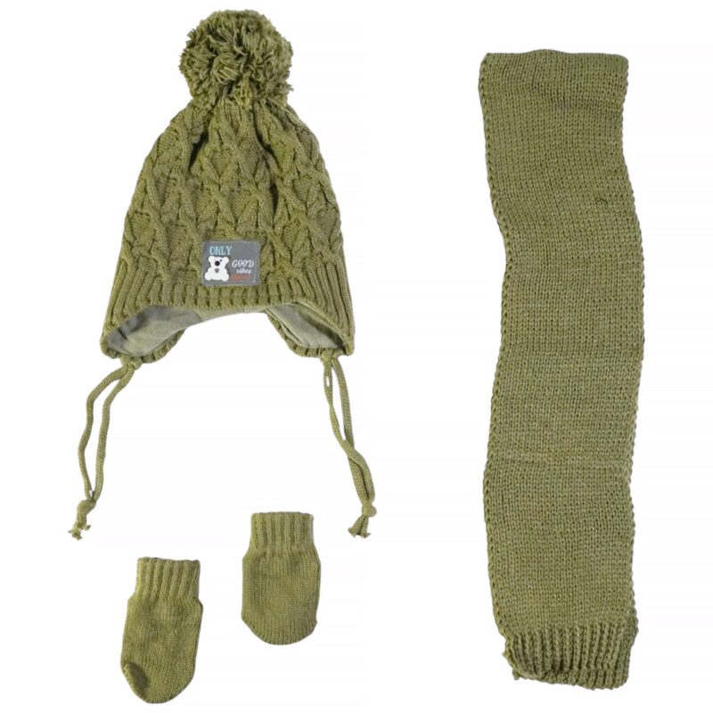 Kitti πλεκτό σετ σκούφος-κασκόλ-γάντια «Only good Vibes in Green»