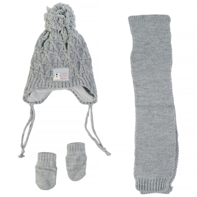 Kitti πλεκτό σετ σκούφος-κασκόλ-γάντια «Only good Vibes in Grey»