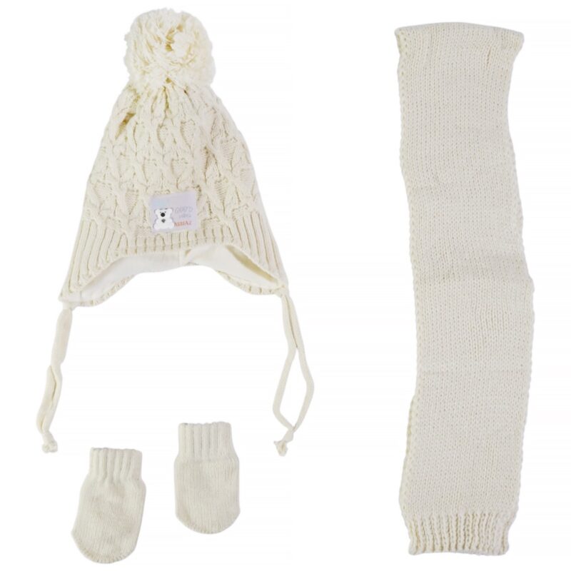 Kitti πλεκτό σετ σκούφος-κασκόλ-γάντια «Only good Vibes in Beige»