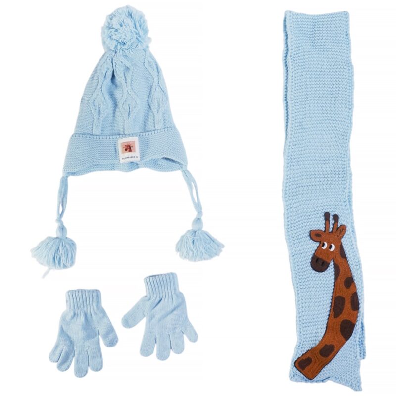 Kitti πλεκτό σετ σκούφος-κασκόλ-γάντια «Light Blue Giraffe»