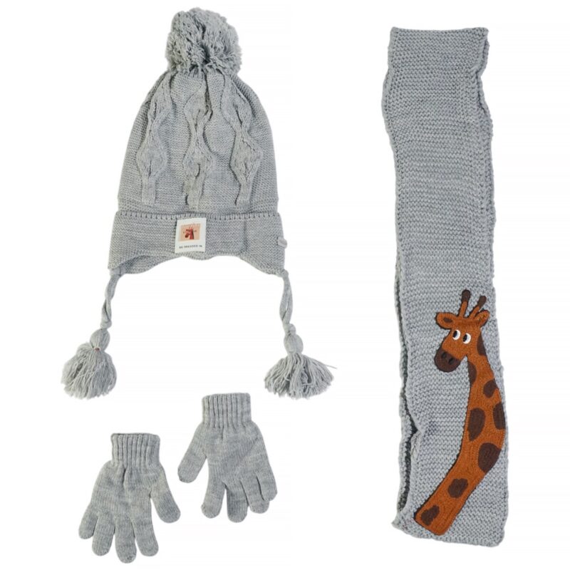 Kitti πλεκτό σετ σκούφος-κασκόλ-γάντια «Grey Giraffe»