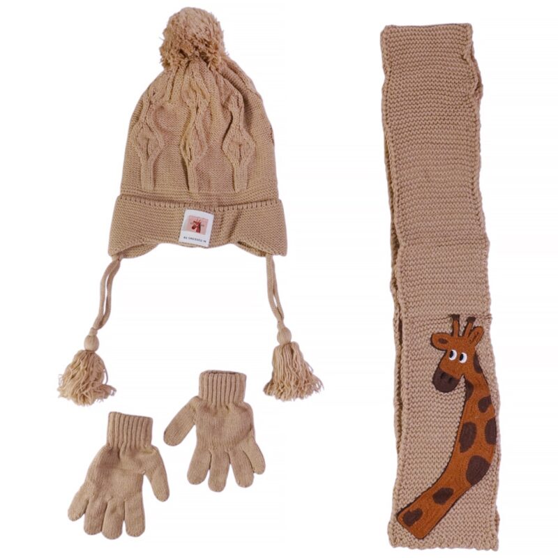 Kitti πλεκτό σετ σκούφος-κασκόλ-γάντια «Brown Giraffe»