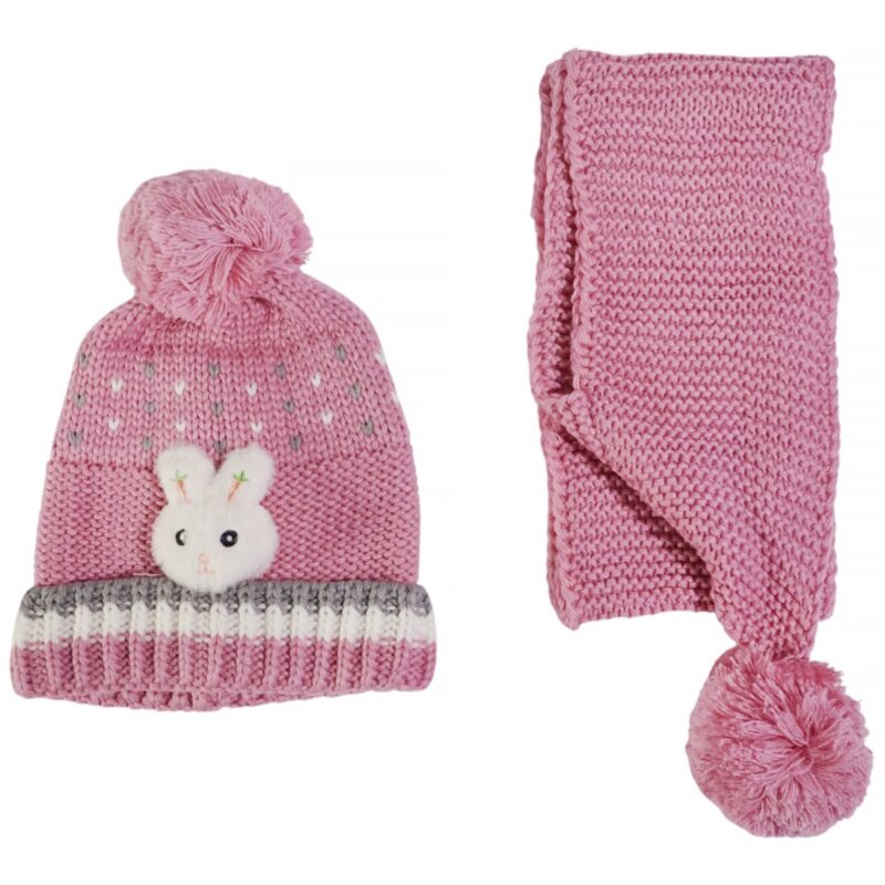 Kitti πλεκτό σετ σκούφος και κασκόλ «Fuchsia Carrot Rabbit»