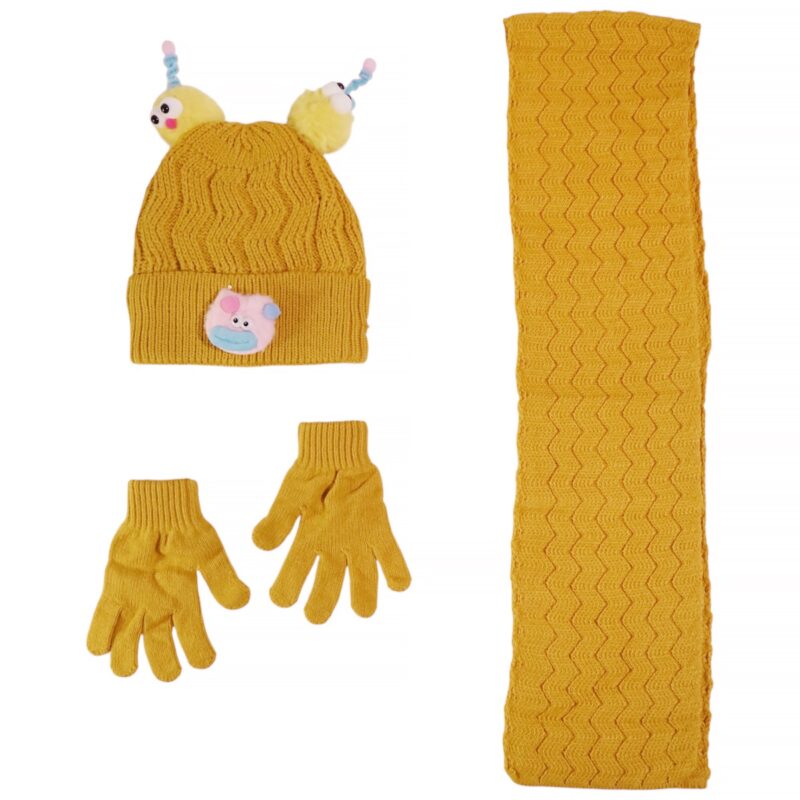 Kitti πλεκτό σετ σκούφος-κασκόλ-γάντια «Mustard Funny Face»