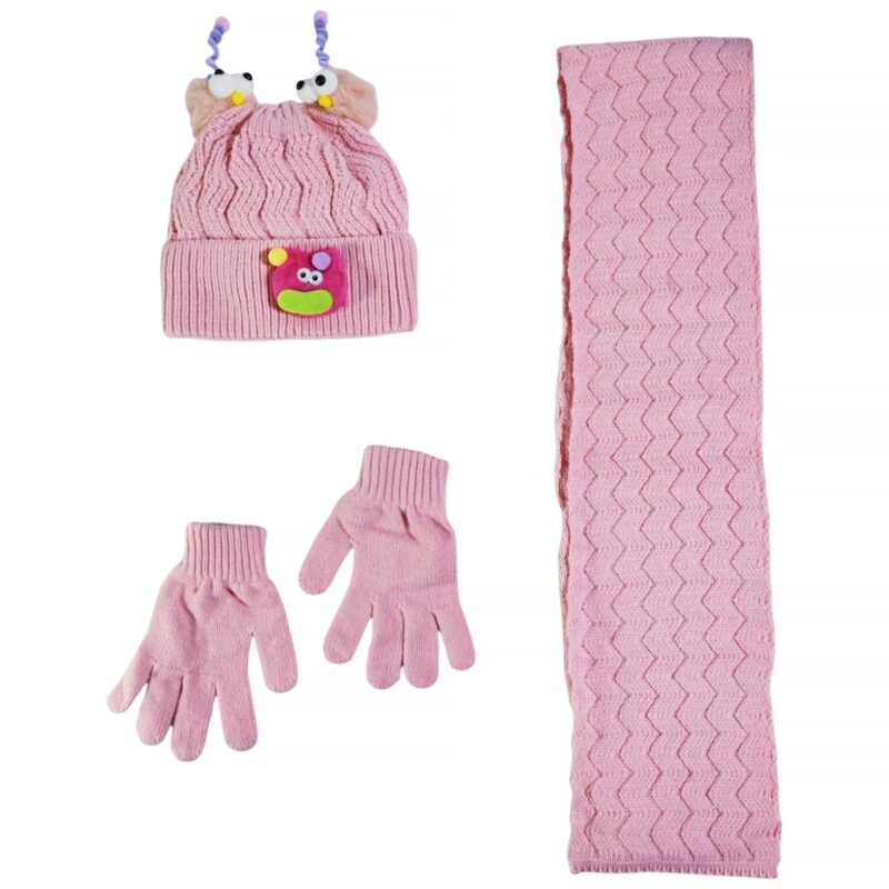Kitti πλεκτό σετ σκούφος-κασκόλ-γάντια «Pink Funny Face»
