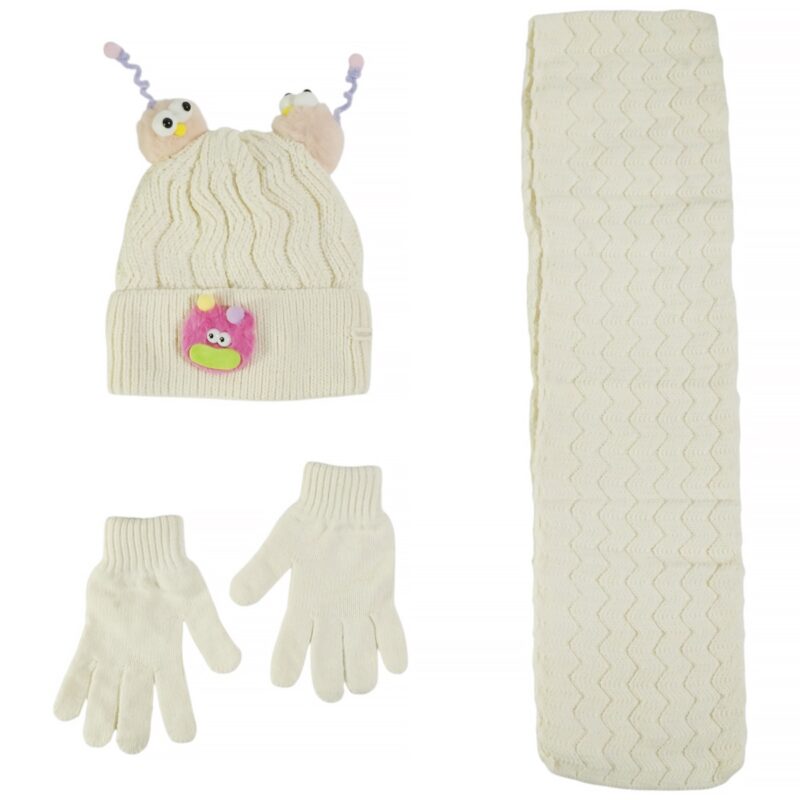 Kitti πλεκτό σετ σκούφος-κασκόλ-γάντια «Ecru Funny Face»
