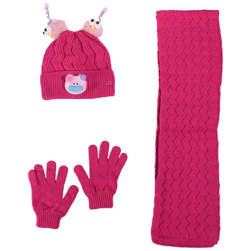 Kitti πλεκτό σετ σκούφος-κασκόλ-γάντια «Fuchsia Funny Face»