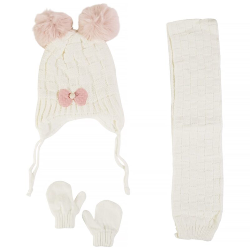 Kitti πλεκτό σετ σκούφος-κασκόλ-γάντια «Ecru Bow»