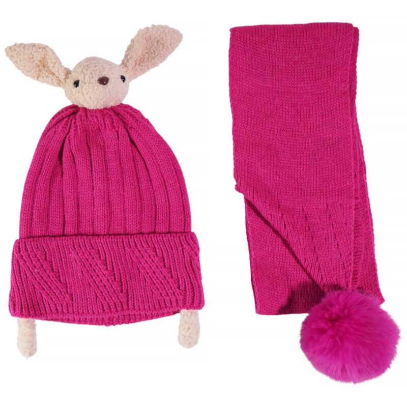 Kitti πλεκτό σετ σκούφος και κασκόλ «Fuchsia Big Bunny»