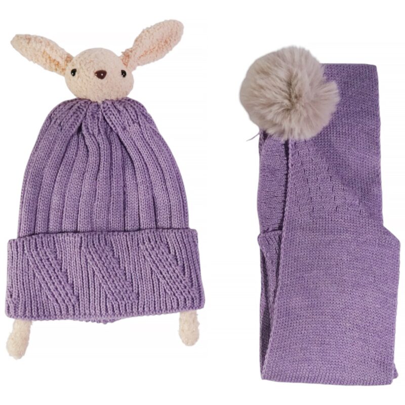 Kitti πλεκτό σετ σκούφος και κασκόλ «Purple Big Bunny»