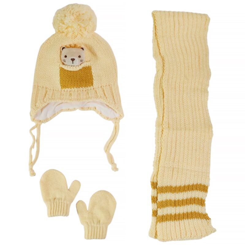 Kitti πλεκτό σετ σκούφος-κασκόλ-γάντια «Yellow Teddy»