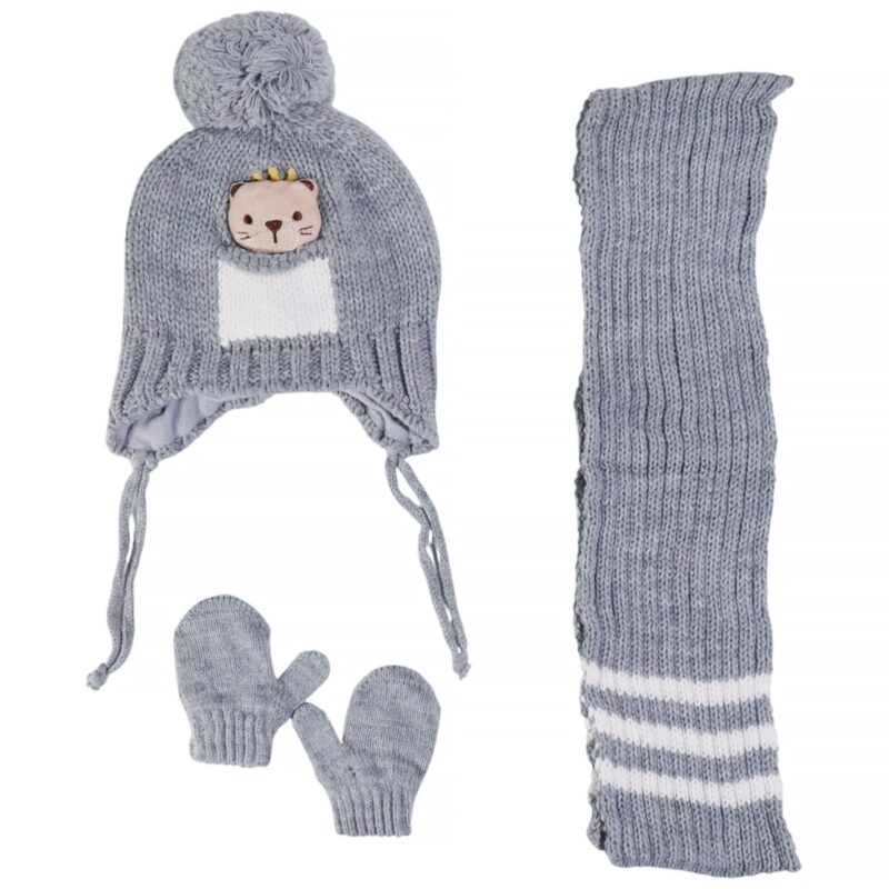 Kitti πλεκτό σετ σκούφος-κασκόλ-γάντια «The Cutest Grey Teddy»