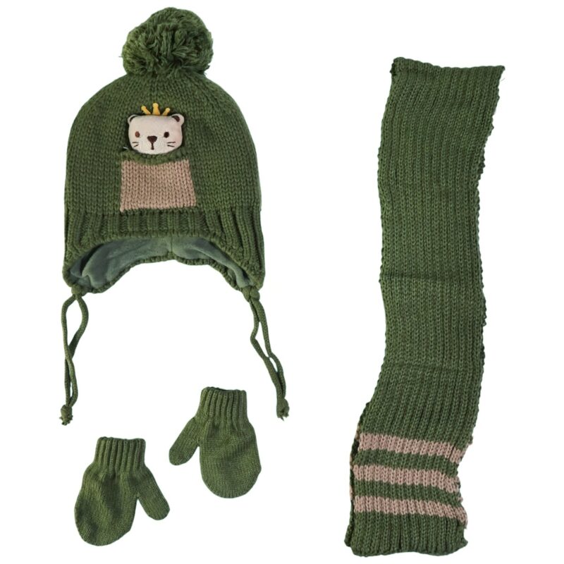 Kitti πλεκτό σετ σκούφος-κασκόλ-γάντια «Green Teddy»