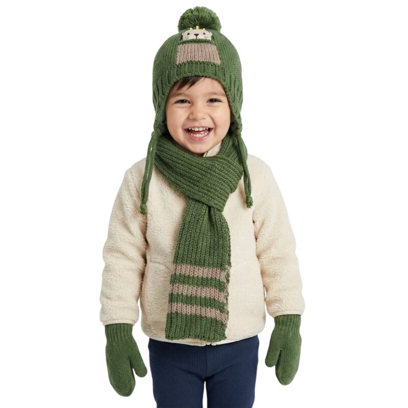 Kitti πλεκτό σετ σκούφος-κασκόλ-γάντια «Green Teddy»