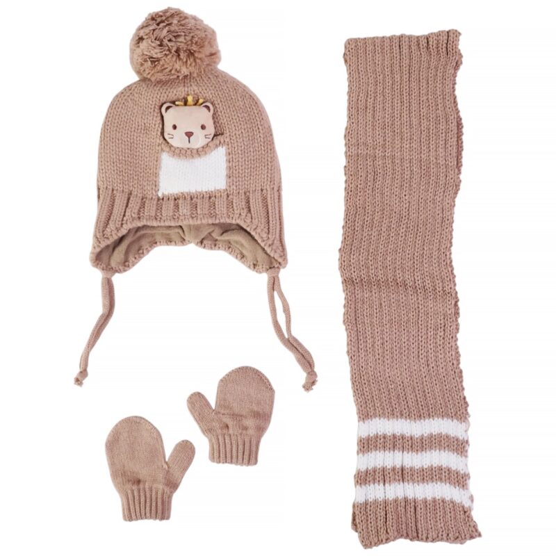 Kitti πλεκτό σετ σκούφος-κασκόλ-γάντια «Brown Teddy»