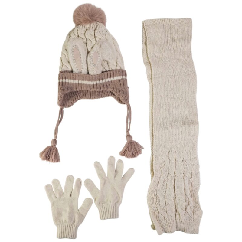 Kitti πλεκτό σετ σκούφος-κασκόλ-γάντια «Beige Bunny’s Ears»