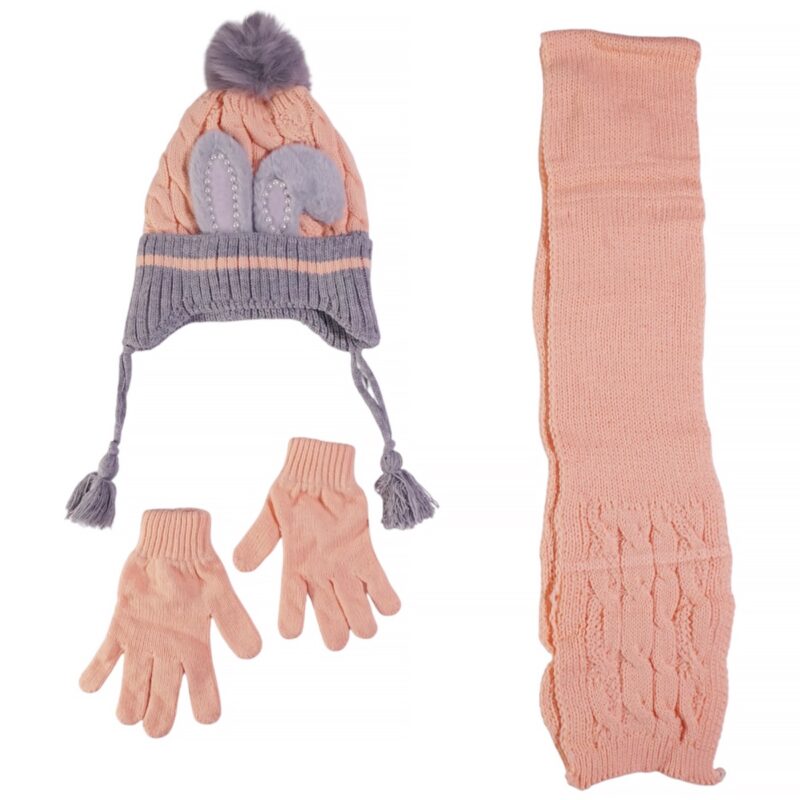 Kitti πλεκτό σετ σκούφος-κασκόλ-γάντια «Coral Bunny’s Ears»
