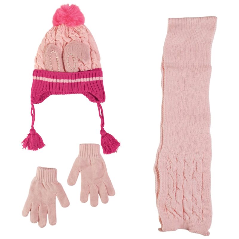 Kitti πλεκτό σετ σκούφος-κασκόλ-γάντια «Pink Bunny’s Ears»