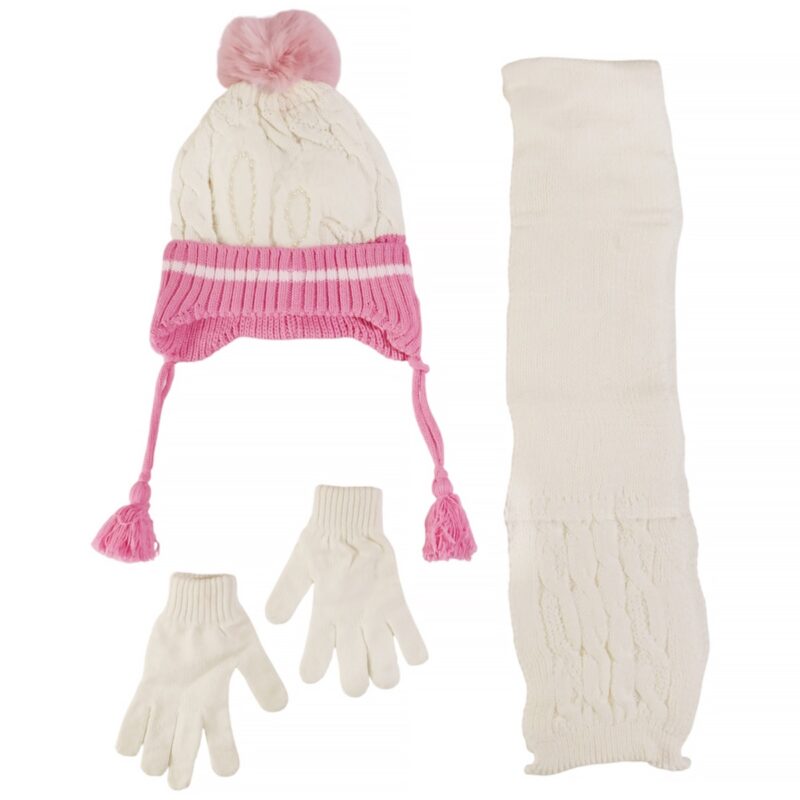 Kitti πλεκτό σετ σκούφος-κασκόλ-γάντια «Ecru Bunny’s Ears»