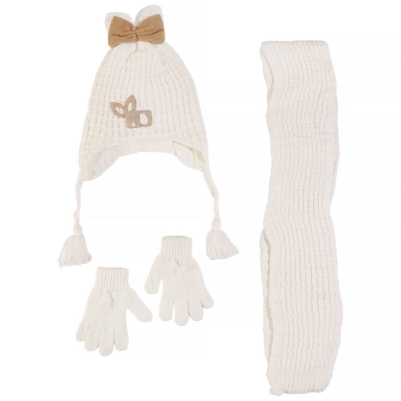 Kitti πλεκτό σετ σκούφος-κασκόλ-γάντια «Ecru Cute Rabbit»