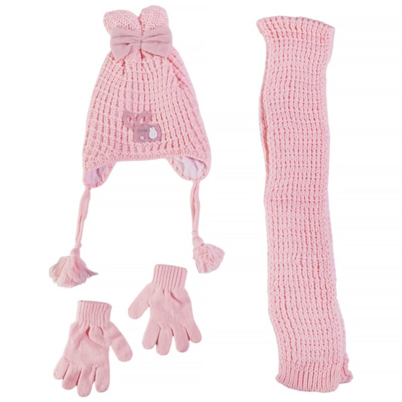 Kitti πλεκτό σετ σκούφος-κασκόλ-γάντια «Pink Cute Rabbit»